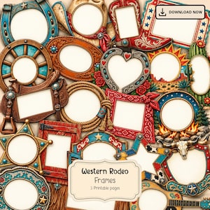 Pode incluir: Uma coleção de molduras com tema de faroeste apresentando várias formas e designs, incluindo uma ferradura, bota de cowboy, sela, corda, estrela e cacto. As molduras são decoradas em tons de vermelho, azul e marrom com o texto Western Rodeo Frames 3 Printable pages.