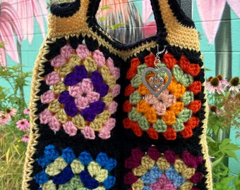 Granny Square Crocheted Tote Bag/Purse, Black, Yellow, Various Colors