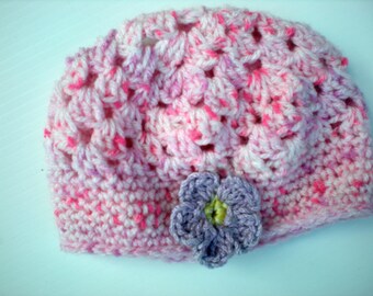 Pink and White Crocheted Girl's Hat with Purple Flower: Child or Toddler Beanie