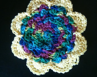 Crochet Cotton  Round Flower Power Dish Cloth