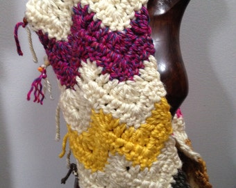 Multicolored Cream Chevron Cowl Neckwarmer Bulky Weight Crocheted with Bead Fringe