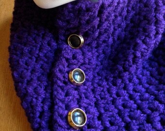 Scarflette Cowl Neckwarmer Purple Crocheted with Gold Black Buttons