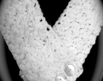 White Sparkly Sequin Crocheted Neckwarmer or Scarfette with Shell Button Closure