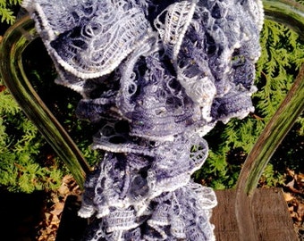 Blue Grey Ruffle Sequin Fashion Scarf; Crocheted Long Neckwarmer