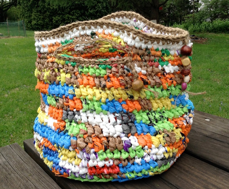 Multicolored Plarn Purse Tote Crocheted With Plastic Bags, Jute and