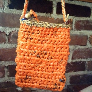 Crocheted Orange Plarn Bag fits iPad Mini with Beads and Cotton Yarn