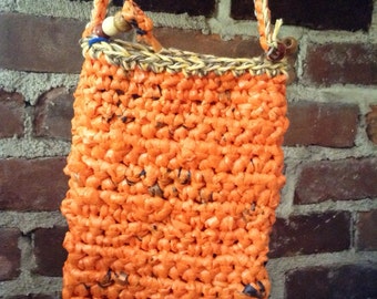 Crocheted Orange Plarn Bag fits iPad Mini with Beads and Cotton Yarn