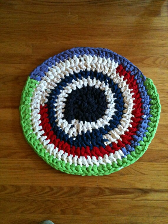 Crocheted Round Multi Colored Recycled Cotton T Shirt Rug Etsy