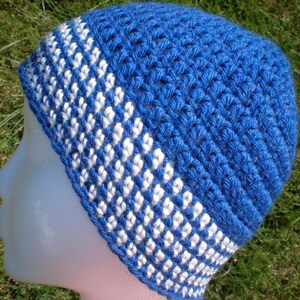 Blue and White Unisex Adult Hat Beanie Crochet Superwash Wool Men Teens image 1