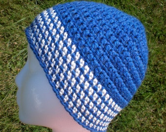 Blue and White Unisex Adult Hat Beanie Crochet Superwash Wool Men Teens