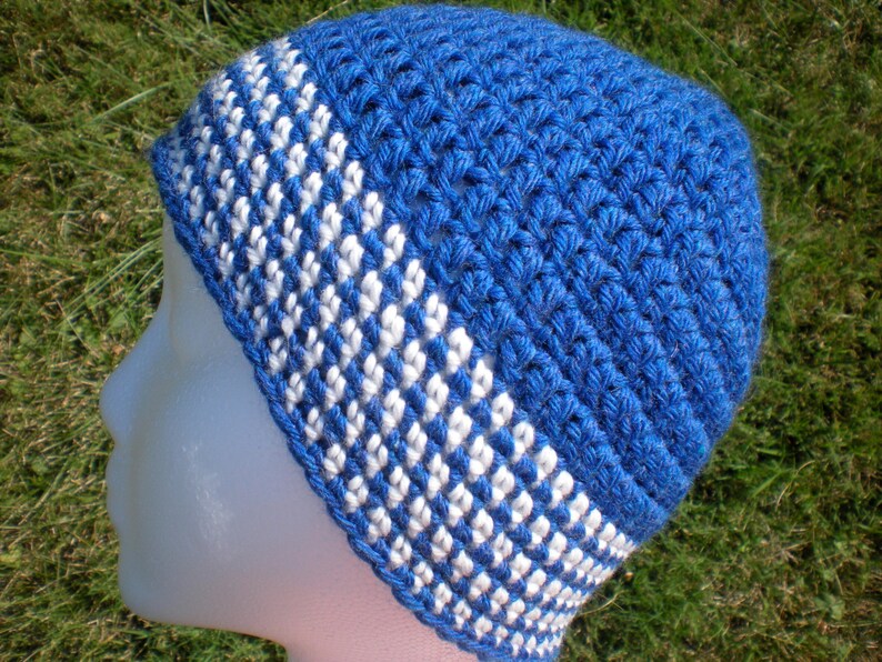 Blue and White Unisex Adult Hat Beanie Crochet Superwash Wool Men Teens image 1