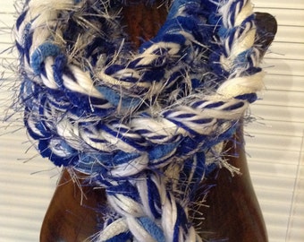 Skinny Fashion Rope Belt Scarf made with 12 different Fibers in Blue, White, Glitter 8 Foot Long