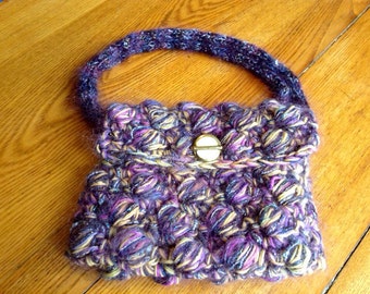 Purple and Gold Mohair/Wool Purse with Gold Lining, Button and Bobbles