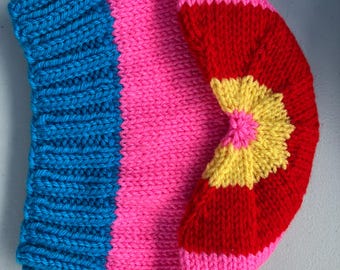 Blue Pink Yellow Hat Adult Crochet Beanie