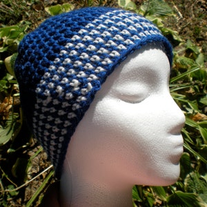 Blue and White Unisex Adult Hat Beanie Crochet Superwash Wool Men Teens image 3