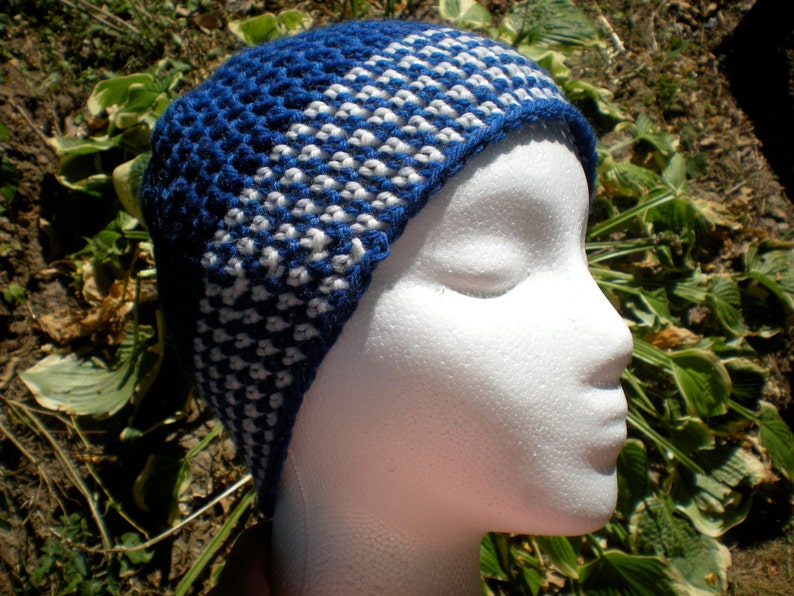 Blue and White Unisex Adult Hat Beanie Crochet Superwash Wool Men Teens image 3