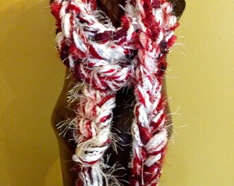 Skinny Fashion Rope Belt Scarf made with 12 different Fibers in Red, Cream, 8 Foot Long