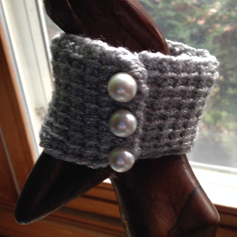 Silver Pearl Crochet Cuff Bracelet Arm Band Tunisian Crochet image 3
