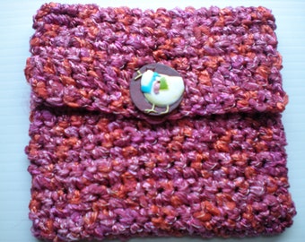 Pocket Purse Crocheted Small Red/Pink with Decorative Chicken Button