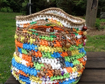 Multicolored Plarn Purse Tote Crocheted with Plastic Bags, Jute and Beads Stash Basket Container