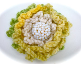 Yellow/Green Flower Pin/Brooch, Antique Pearl Jewelry, Women's Crochet Hair Pin
