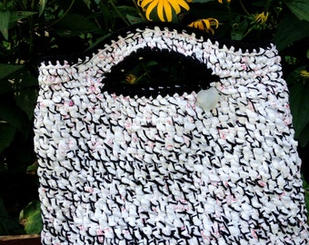 Black White Plarn Crochet Tote Bag or Purse from Plastic Bags, Black Cotton Yarn, Wood Beads