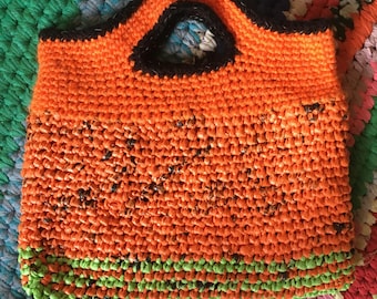 Orange/Black/Green Bag or Tote/Purse made  with Yarn and Plastic Bags