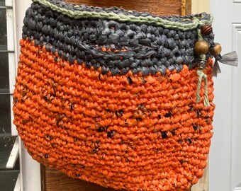 Orange and Grey Plarn Crocheted Tote Bag or Purse made from Plastic Bags