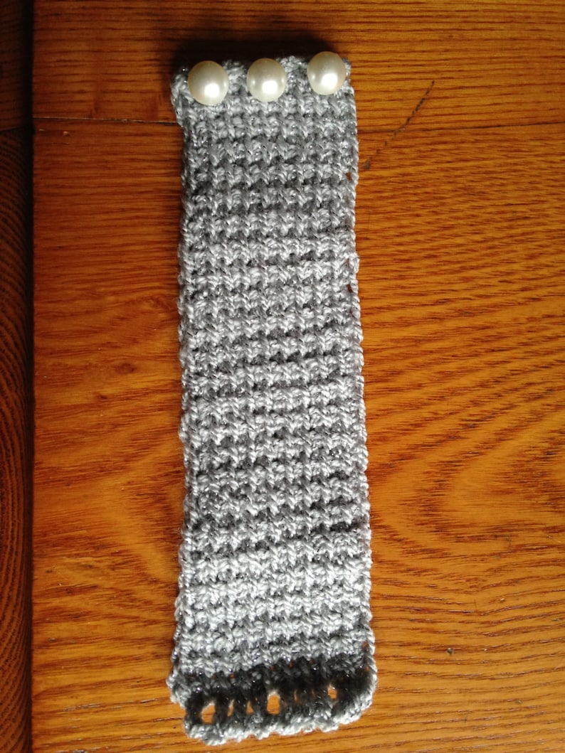 Silver Pearl Crochet Cuff Bracelet Arm Band Tunisian Crochet image 4