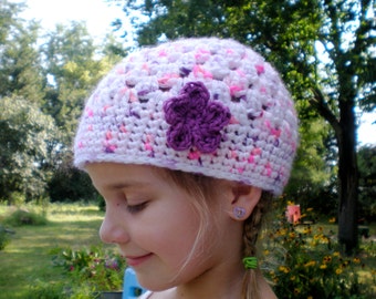 Pink and White Crocheted Girl's Hat with Purple Flower: Child Beanie Cloche