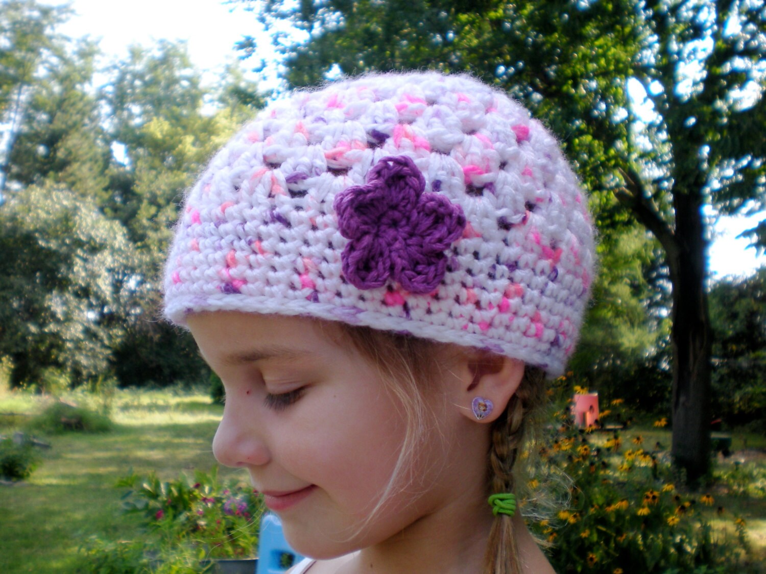 Unique one of a kind crochet hat o/s pink,white,purple, hair like fashion hat Crochet Hat – One of a Kind Hat Made From Pale Pink, Blue  main image 3