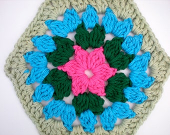Crochet Cotton Dishcloth/Washcloth; Floral Hexagon Flower Pink Green Blue