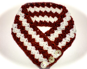 Red White Holiday Crocheted Scarfette Cowl Neckwarmer with Pearl Shell Buttons