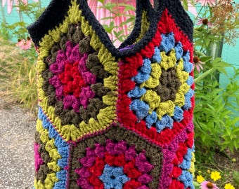 Granny Square Crocheted Tote Bag/Purse Cotton, Lined, Black, Red
