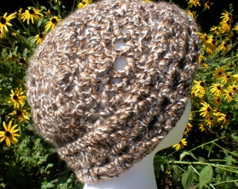 Brown Crochet Cloche Hat; Beige Tan Wool Woman's Hat