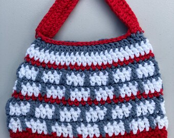 Red, grey, white crochet purse/bag, cotton