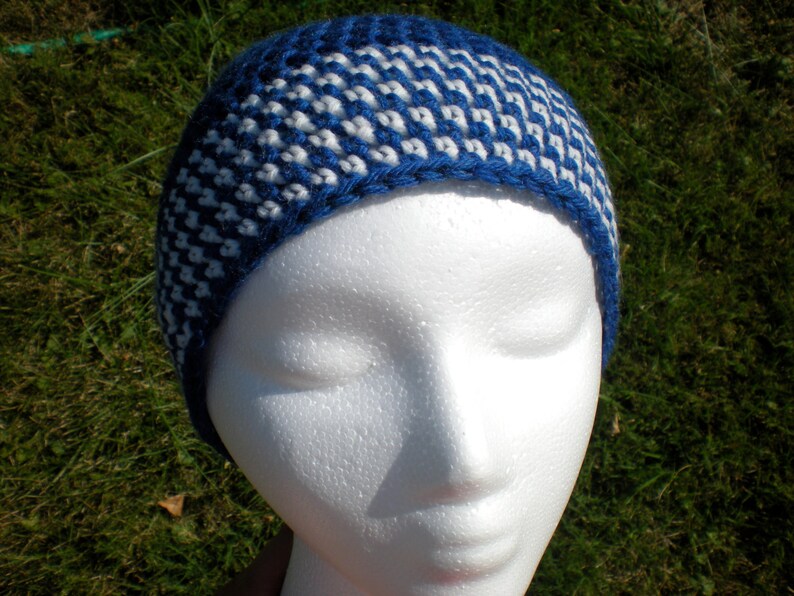 Blue and White Unisex Adult Hat Beanie Crochet Superwash Wool Men Teens image 4