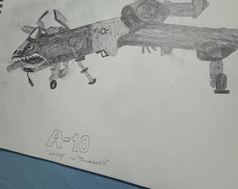 Dibujo original a lápiz de grafito del A-10 Warthog dibujado a mano / Arte de aviones militares