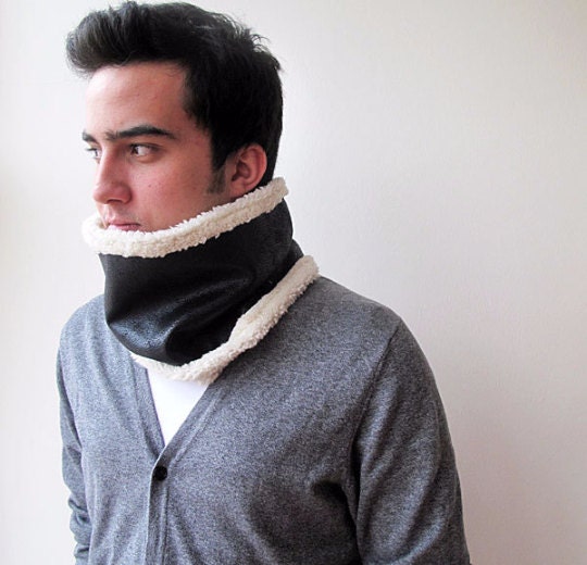 Black Leather Fur Neckwarmer Antique Leather Men Scarf Fur - Etsy