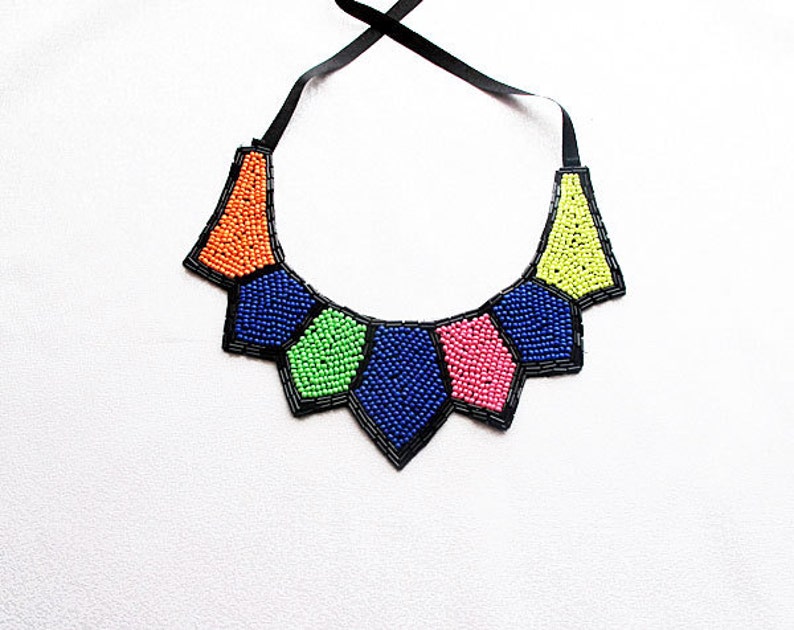 Beadwork Multicolored Collar Necklace Multicolor Geometric | Etsy
