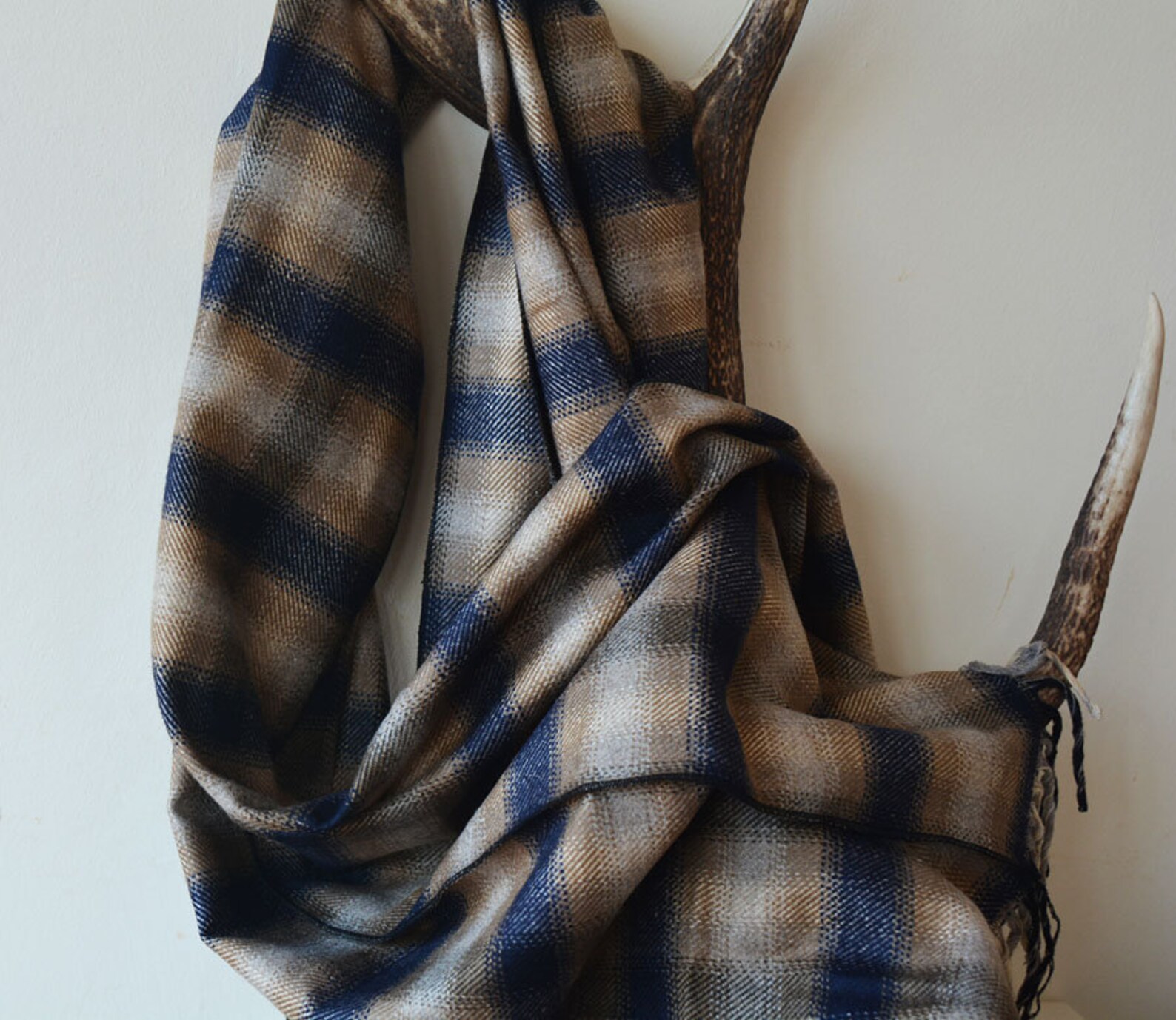 Winter Men Scarf Wool Blanket Scarfdark Blue and Beige Plaid - Etsy