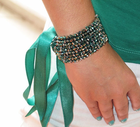 Items similar to Emerald Green Cuff Bracelet, Rhinestone Cuff, ,crystyl