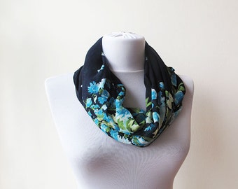 Dark Blue With Blue Flowers Scarf, Floral Spring Infinity Circle Scarf, Gift For Women scarves, Women Accessories, Loop Scarf, Birthday Gift