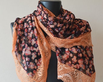 Scarf For Women, Floral Print Scarf, Peach With Lace, Silk Rectangular Scarves, Unique Gift Scarf, Birthday İdeas for Women, for Holiday