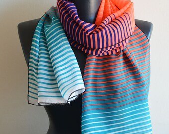 Stripe Print Silk Scarf, Rectangular Neck Scarf, Women , Long Scarf, Scarf Shawl, Scarf Wrap, Birthday Gift, Unique Gift, For Mom, Gift for