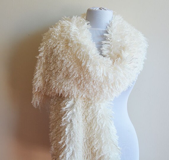 Items similar to Ecru Tibet Scarf, Tibet Shaggy Fluffy Curly Polyester