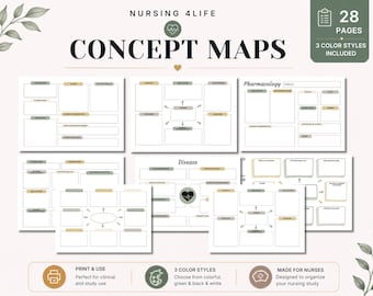 May include: A collection of nursing concept map templates titled NURSING 4LIFE, featuring 28 pages in 3 color styles. The documents include various blank charts, diagrams, and boxes for pharmacology and disease study, with green and gold accents.