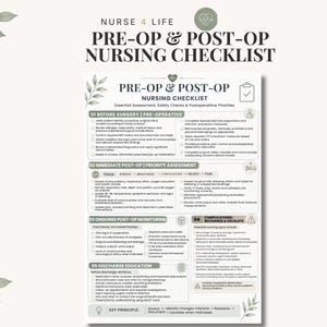 May include: A white nursing checklist document titled NURSE 4 LIFE PRE-OP & POST-OP NURSING CHECKLIST. The page features five sections covering surgical assessment, safety checks, and postoperative priorities with black text and icons.