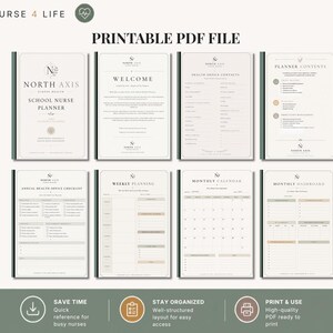 May include: A printable PDF school nurse planner by North Axis featuring eight pages with a neutral color palette. The pages include a welcome sheet, health office contacts, planner contents, annual health office checklist, weekly planning, monthly calendar, and a monthly dashboard.