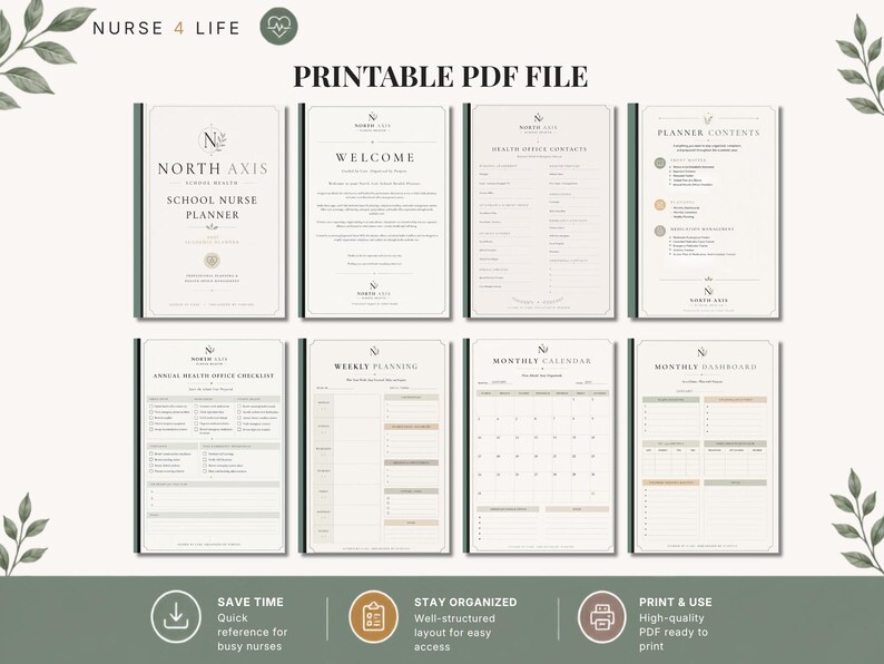 May include: A printable PDF school nurse planner by North Axis featuring eight pages with a neutral color palette. The pages include a welcome sheet, health office contacts, planner contents, annual health office checklist, weekly planning, monthly calendar, and a monthly dashboard.
